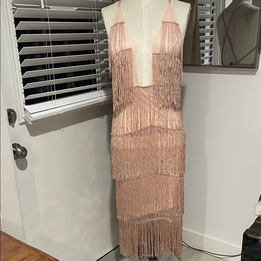 SHOW STOPPER ASOS Blush Tiered Fringed V-Neck Party Dress. Brand New